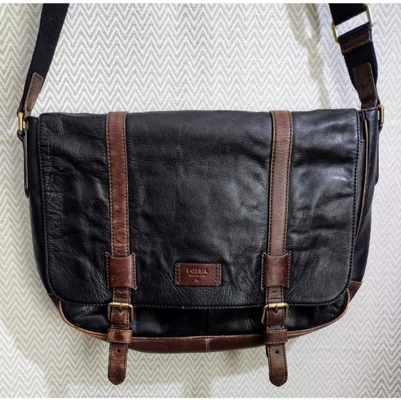 Fossil Other - FOSSIL Black & Brown Luxury Leather Messenger Satchel Laptop Bag Tote Vintage